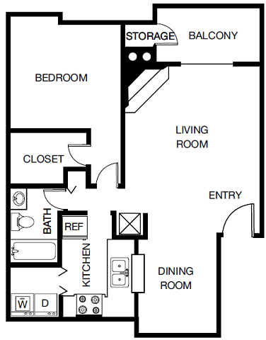 Floor plan for 1 bed, 1 bath, 800 sqft
